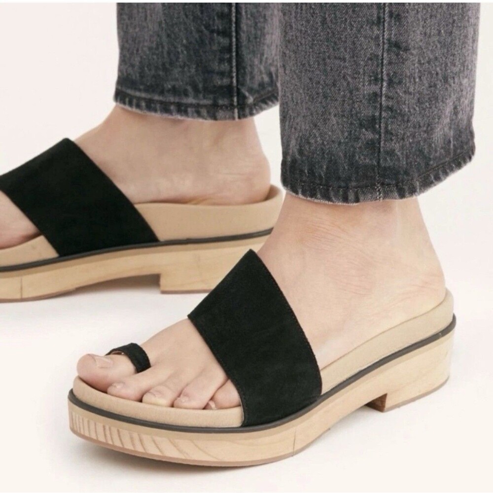 Free People Azure‎ Black Suede Footbed Toe Loop Split Wooden Sandal Chunky 40